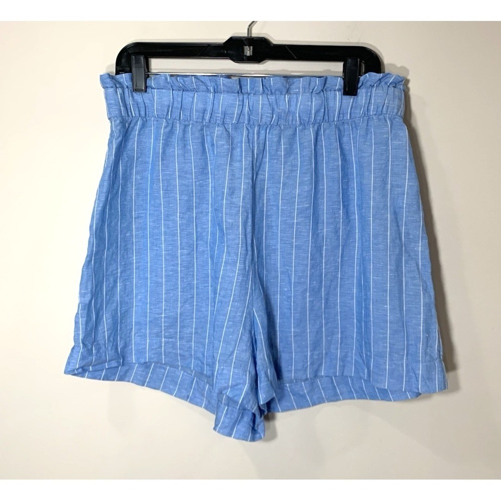 H&M Boxer Shorts Womens 14 Blue Stripe Linen Blend 3" Inseam Elastic Waist